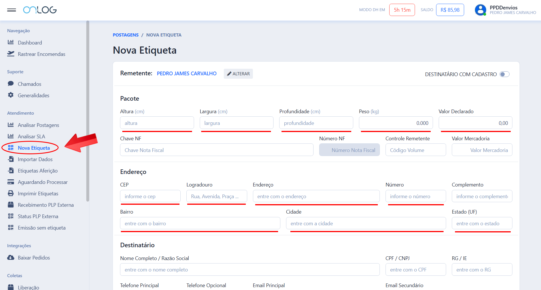 Passo 1: criar uma nova etiqueta na plataforma Onlog
