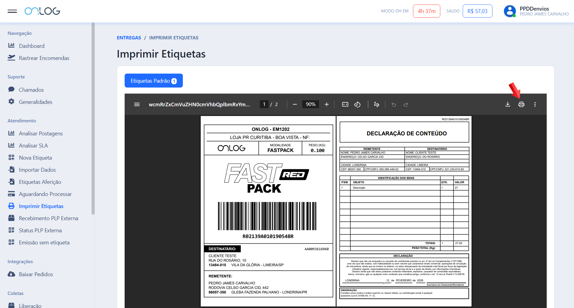 Passo 6: imprimir etiquetas geradas por integrações